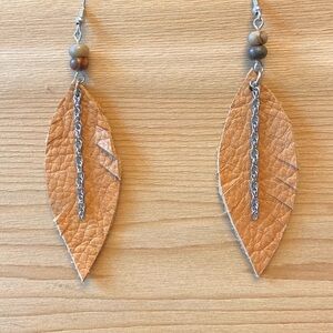 Earrings - Suede Leather - Leaf Shape - Beads & Chain - Dangle - NWOT